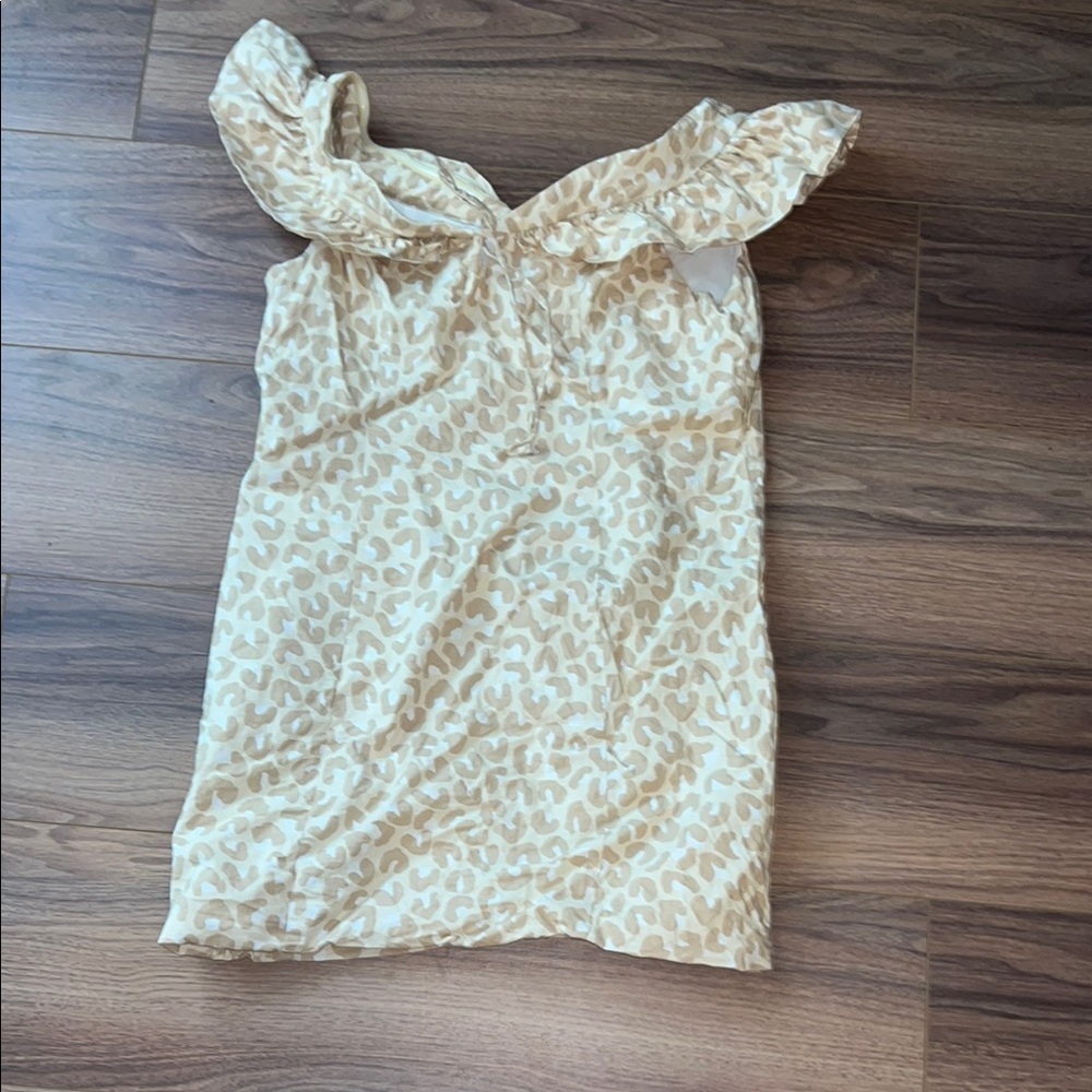 Revolve Ruffled Off-Shoulder Dress in Beige and White